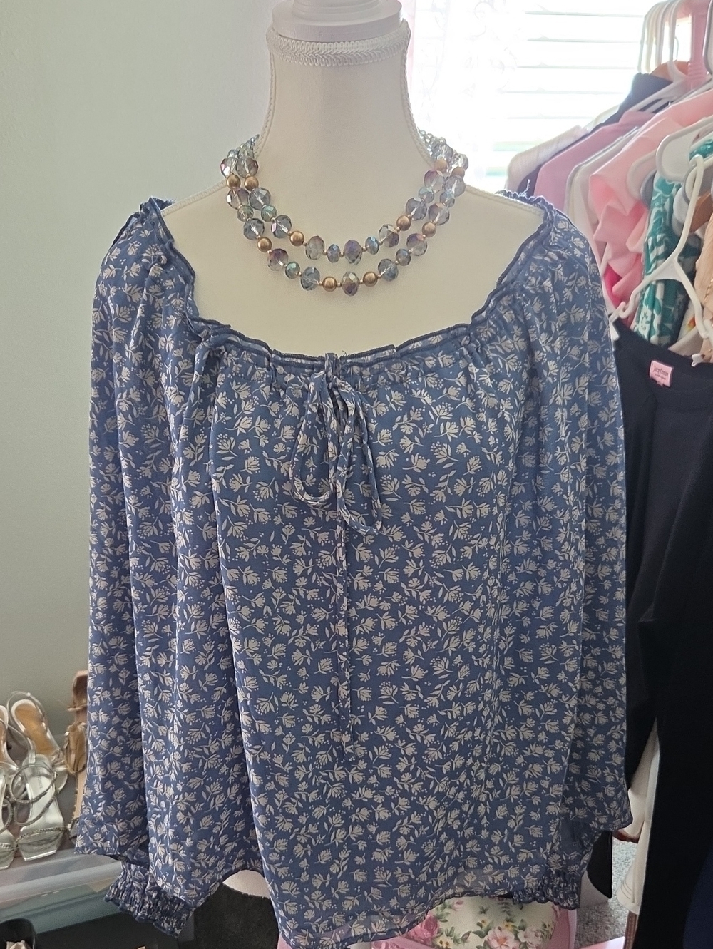 Blue Floral Off-Shoulder Peasant Blouse